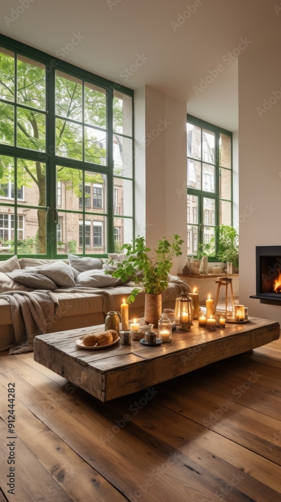 Fototapeta premium an interior design in Amsterdam, bright living room with wood floor and green window frames, sofa, coffee table on the left side, small fireplace on right side, carpet with boho pattern on ground