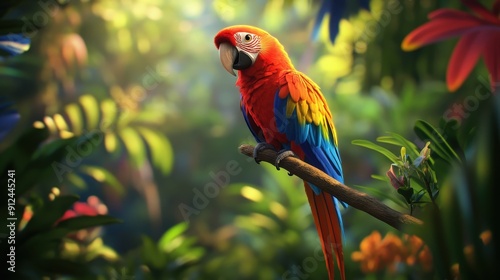 Wallpaper Mural Vibrant Parrot Perched on a Branch in a Lush Tropical Rainforest with Colorful Foliage and Sunlight Filtering Through Torontodigital.ca