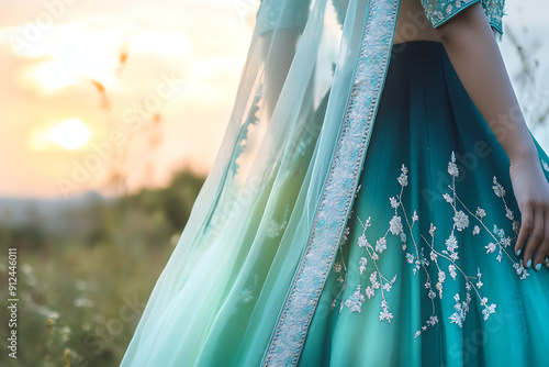 Beautiful floral pattern of zardozi work on crape fabric on lehenga photo