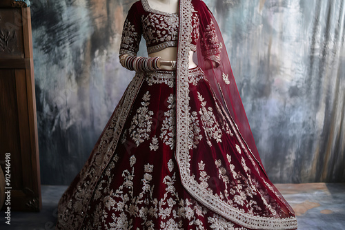 Traditional Indian Pakistani dress with embroidered patterns and ornaments on a mannequin