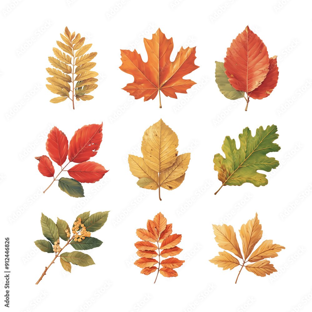 Set of illustrations of autumn tree leaves in yellow, red, orange and green colors. Maple, oak, chestnut, rowan, aspen. Сlipart on a transparent background Set of illustrations of autumn tree leaves in yellow, red, orange and green colors. Maple, oak, chestnut, rowan, aspen. Сlipart on a transparent background
