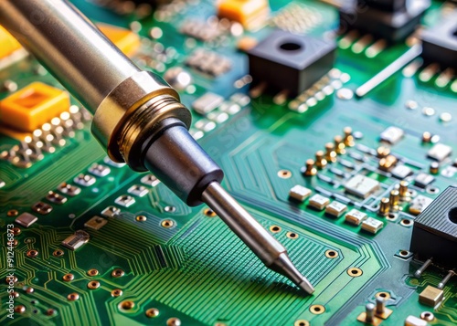 Closely focused shot of a soldering iron tip and desoldering pump near a complex circuit board, repair tools at work. photo