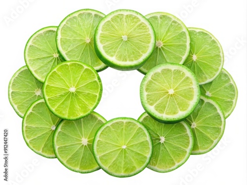 Vibrant green lime slices arranged in a circular pattern, isolated on a pure white background, with a clipping path included.