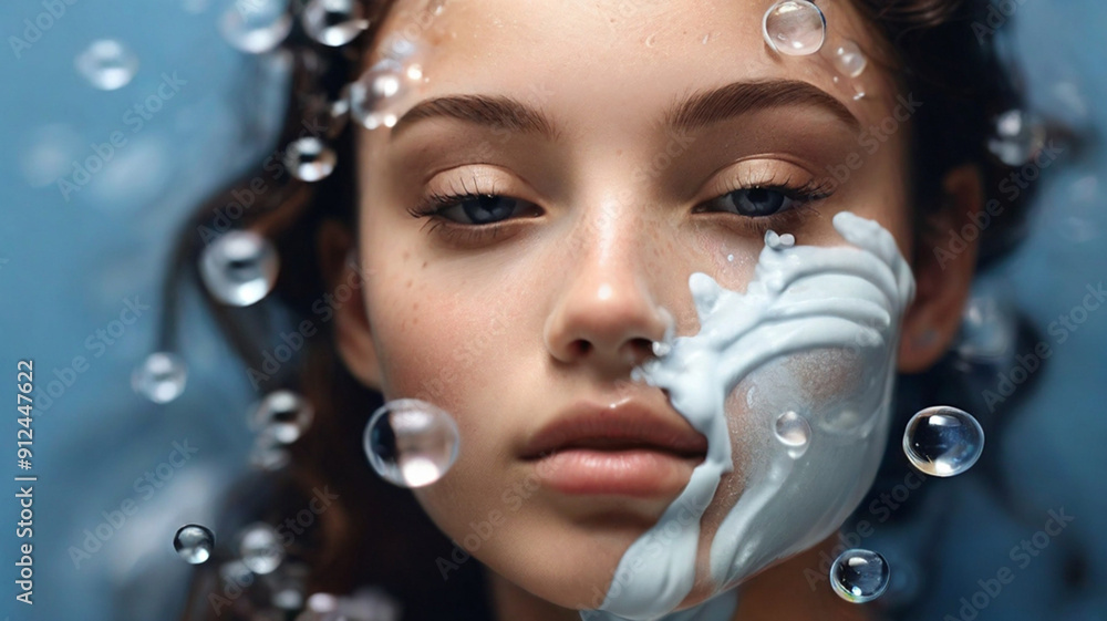 Close up portrait of gorgeous young woman in 20s with perfect glowy skin and soap bubbles around, cleansing foaming face wash, concept of hygiene and purity Close up portrait of gorgeous young woman in 20s with perfect glowy skin and soap bubbles around, cleansing foaming face wash, concept of hygiene and purity