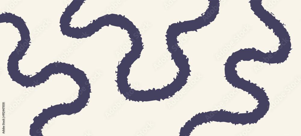 Fototapeta premium Abstract textured minimalistic background with black wavy line. Backdrop with organic curvy curly stripe. Wave line art