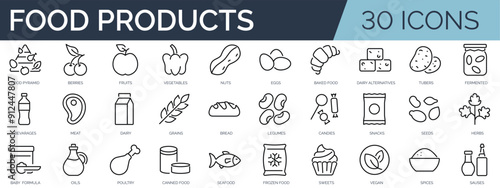 Set of 30 outline icons related to food product classification .Linear icon collection. Editable stroke. Vector illustration