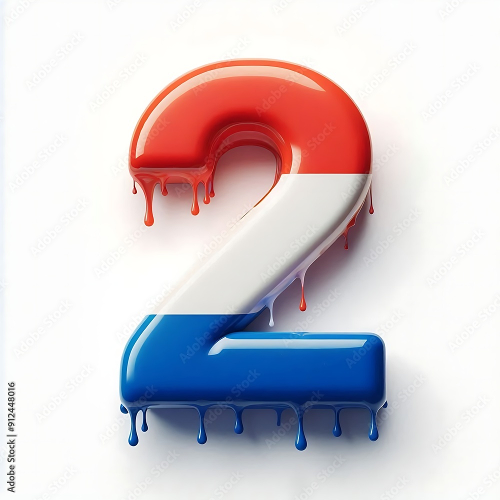 The number 2 is painted in red, blue, and white. The colors are dripping down the number, giving it a messy and artistic appearance isolated on white background The number 2 is painted in red, blue, and white. The colors are dripping down the number, giving it a messy and artistic appearance isolated on white background