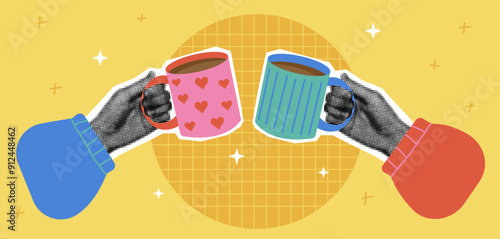 Background with halftone hand hold cup of tea. Banner with hot drink. Hands holding reusable mug in trendy style