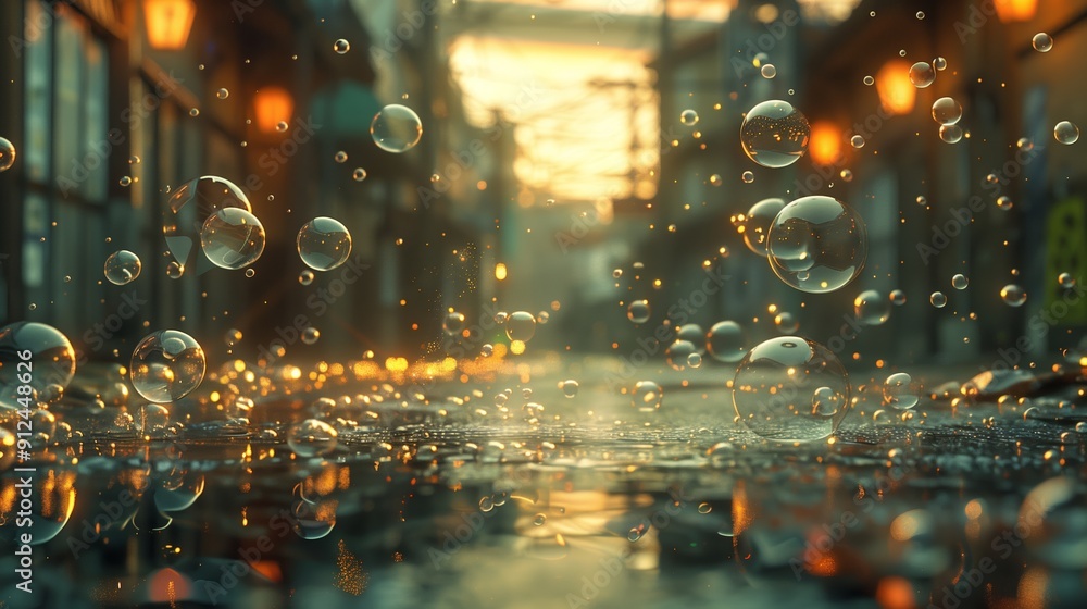 Fototapeta premium Urban Street at Dusk With Water Droplets Reflecting Warm Lights After Rainfall