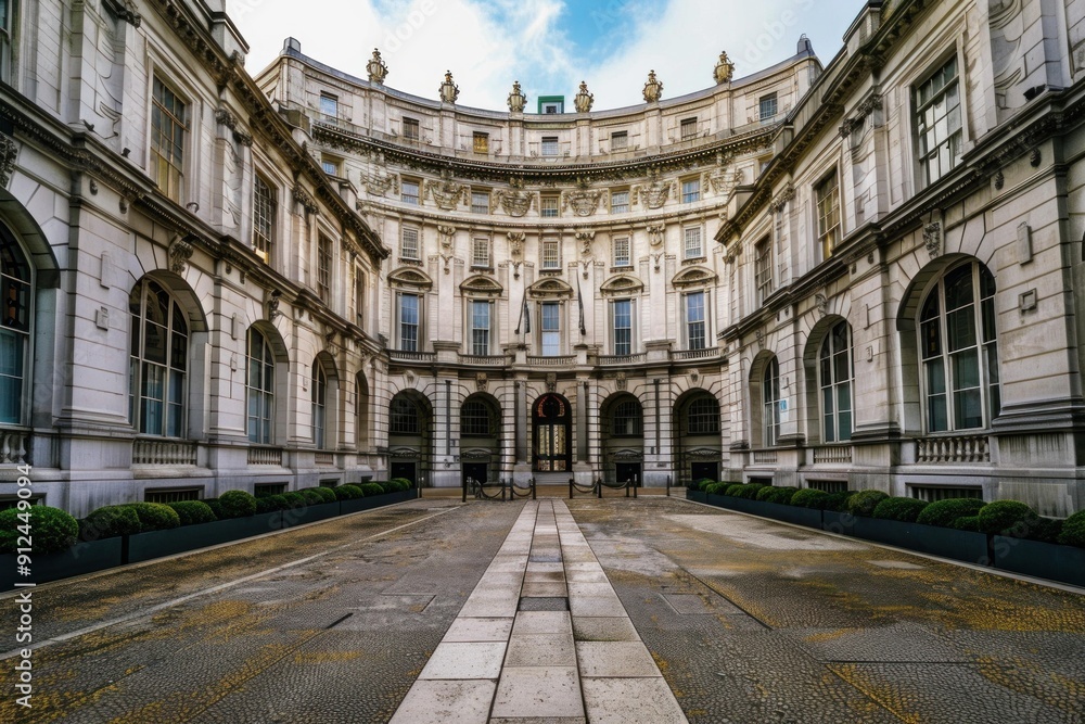 Empty courtyard leading to the entrance of an impressive neoclassical building Empty courtyard leading to the entrance of an impressive neoclassical building