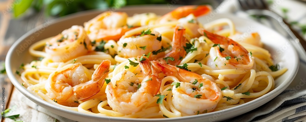 Buttery and garlicky shrimp scampi served over linguine, 4K hyperrealistic photo Buttery and garlicky shrimp scampi served over linguine, 4K hyperrealistic photo