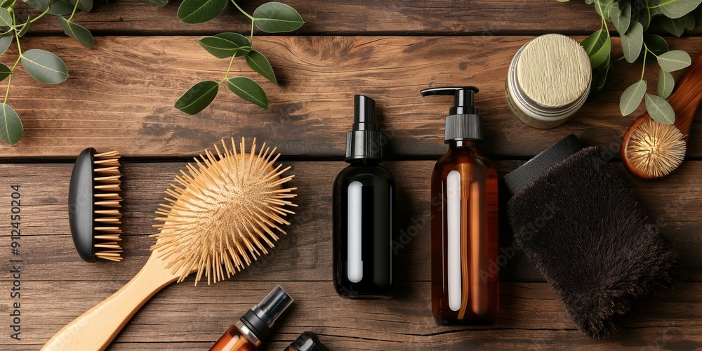 A wooden table with a variety of hair care products, including a brush, a bottle of shampoo, and a bottle of conditioner A wooden table with a variety of hair care products, including a brush, a bottle of shampoo, and a bottle of conditioner