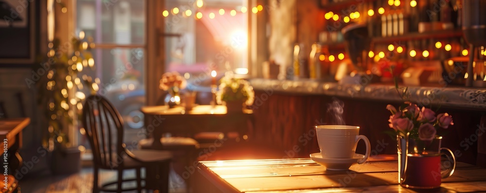 Cozy cafe with warm lighting, 4K hyperrealistic photo Cozy cafe with warm lighting, 4K hyperrealistic photo