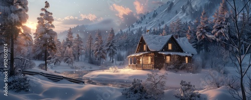 Cozy cabin with a snowy landscape, 4K hyperrealistic photo