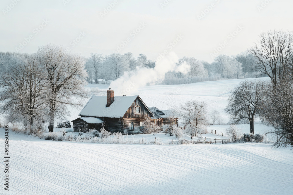 A farmhouse surrounded by snow in the countryside. A farmhouse surrounded by snow in the countryside.
