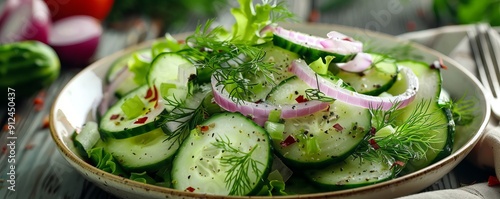 Crisp and refreshing cucumber salad with red onion and dill, 4K hyperrealistic photo