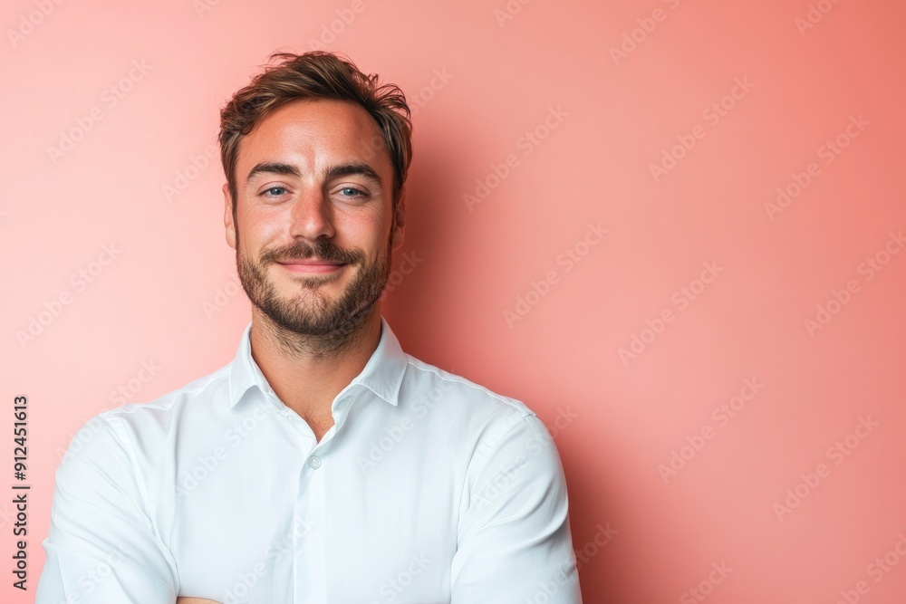 Thoughtful businessman looking at camera, smiling, one color background with generative ai Thoughtful businessman looking at camera, smiling, one color background with generative ai