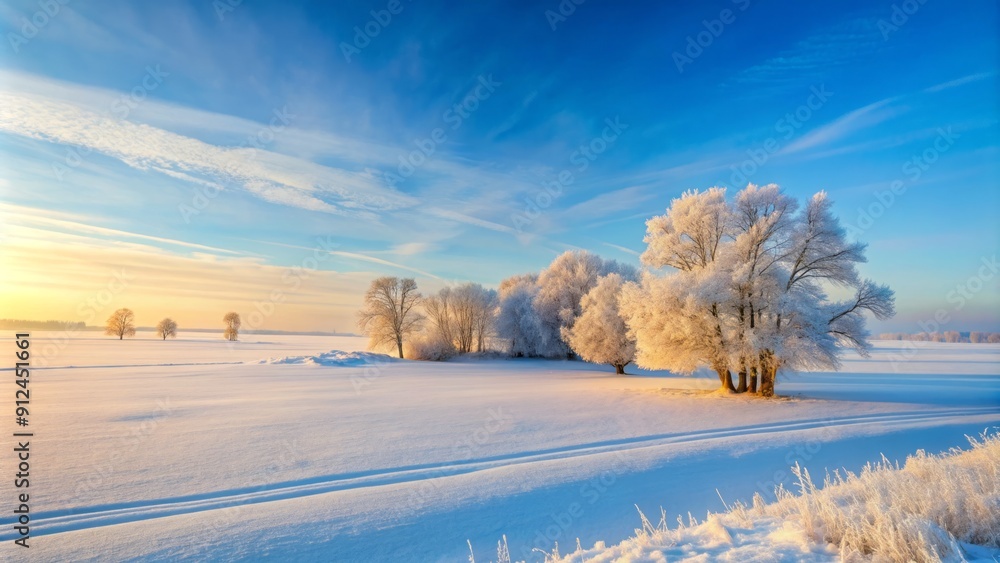 Serene winter scenery featuring a vast, snow-covered field stretching to the icy horizon under a soft, creamy blue sky. Serene winter scenery featuring a vast, snow-covered field stretching to the icy horizon under a soft, creamy blue sky.