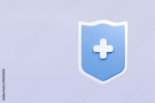 3d Shield with a cross icon symbol on isolated purple background. Protection of health from diseases. Healthcare security insurance medical concept. 3d Minimal insurance blue shield icon. 3d render.