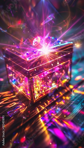 Dramatic close up of pandora s box with colorful light beams escaping, realistic image photo