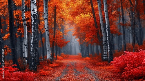 Fototapeta Naklejka Na Ścianę i Meble -  A striking wallpaper featuring a vibrant forest in autumn colors, with red foliage and birch trees, creating a mesmerizing and serene natural scene