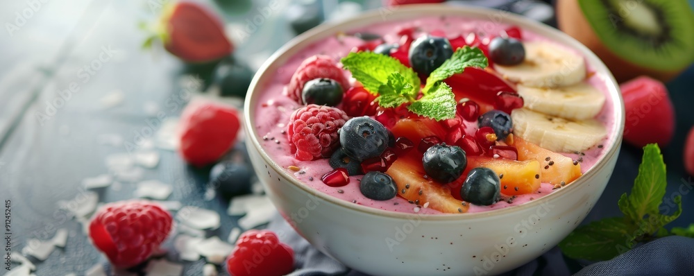 Freshly made smoothie bowl with fruits, 4K hyperrealistic photo Freshly made smoothie bowl with fruits, 4K hyperrealistic photo