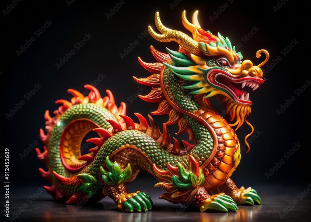 Vibrant fiery Chinese dragon figurine mascot set against a dark black background, symbolizing power and good fortune for the year. Vibrant fiery Chinese dragon figurine mascot set against a dark black background, symbolizing power and good fortune for the year.