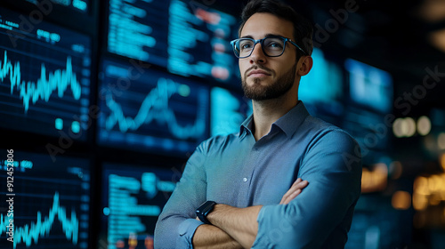 The man in glasses standing on a stock market background with trading charts.