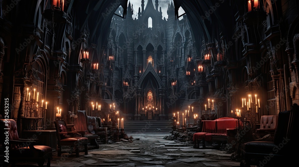 An old gothic vampire Transylvanian castle of Dracula, lined with victorian furnishings and coffins, is illuminated by candlesticks to create a spooky horror game setting. 3D illustration An old gothic vampire Transylvanian castle of Dracula, lined with victorian furnishings and coffins, is illuminated by candlesticks to create a spooky horror game setting. 3D illustration