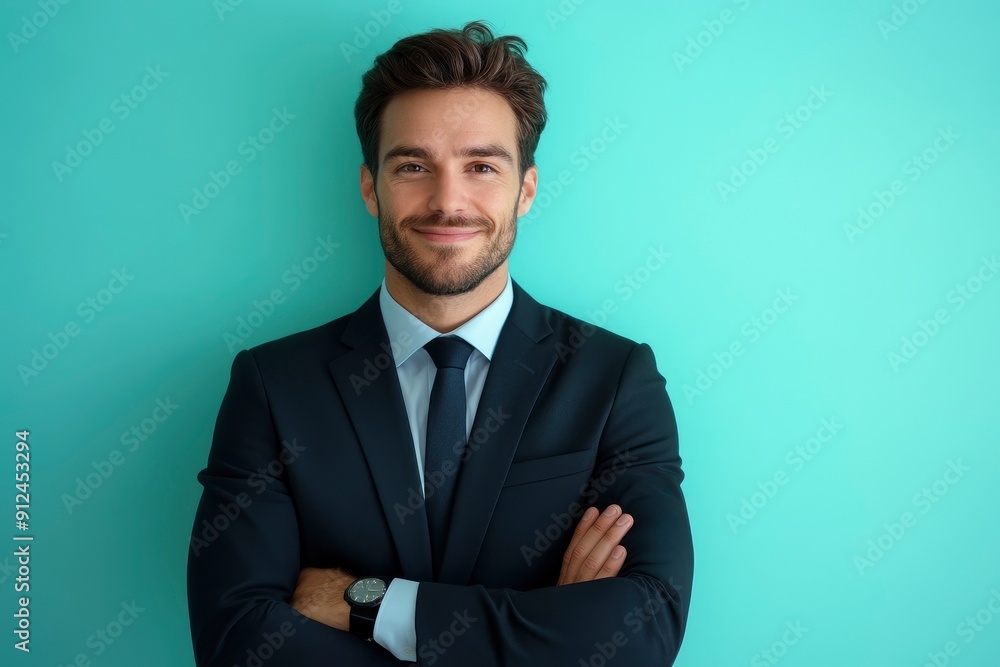 Thoughtful businessman looking at camera, smiling, one color background with generative ai Thoughtful businessman looking at camera, smiling, one color background with generative ai
