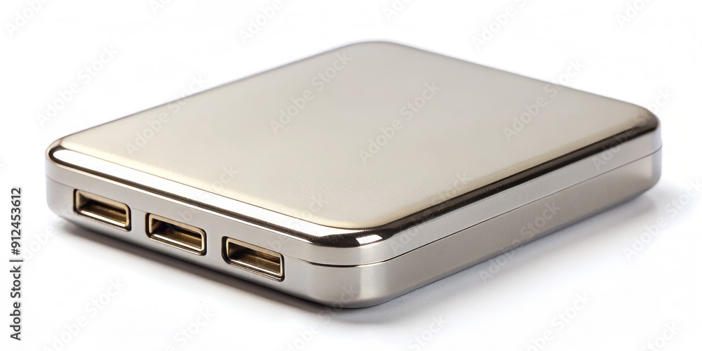 Small shiny rectangular digital storage device with rounded edges and metallic connector pins lying solo on a pristine white surface. Small shiny rectangular digital storage device with rounded edges and metallic connector pins lying solo on a pristine white surface.