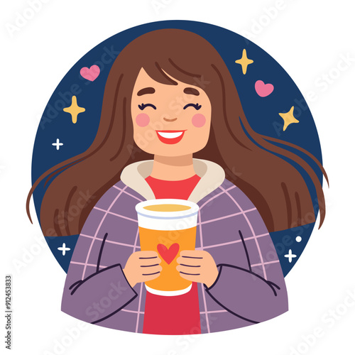 Cheerful young woman with long brown hair smiling and holding cup of coffee with heart symbol. Woman in purple jacket standing against starry night background. Cozy vector illustration in flat style.