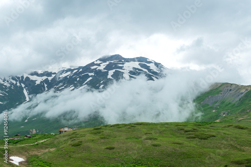 Magnificent mountains to trek in Mestia. Blooming mountain views in snowy weather in Mestia Georgia. Magnificent Mestia mountain views. Koruldi Lake trekking route. photo