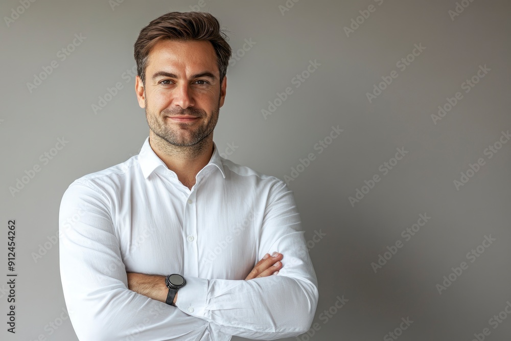 Thoughtful businessman looking at camera, smiling, one color background with generative ai Thoughtful businessman looking at camera, smiling, one color background with generative ai