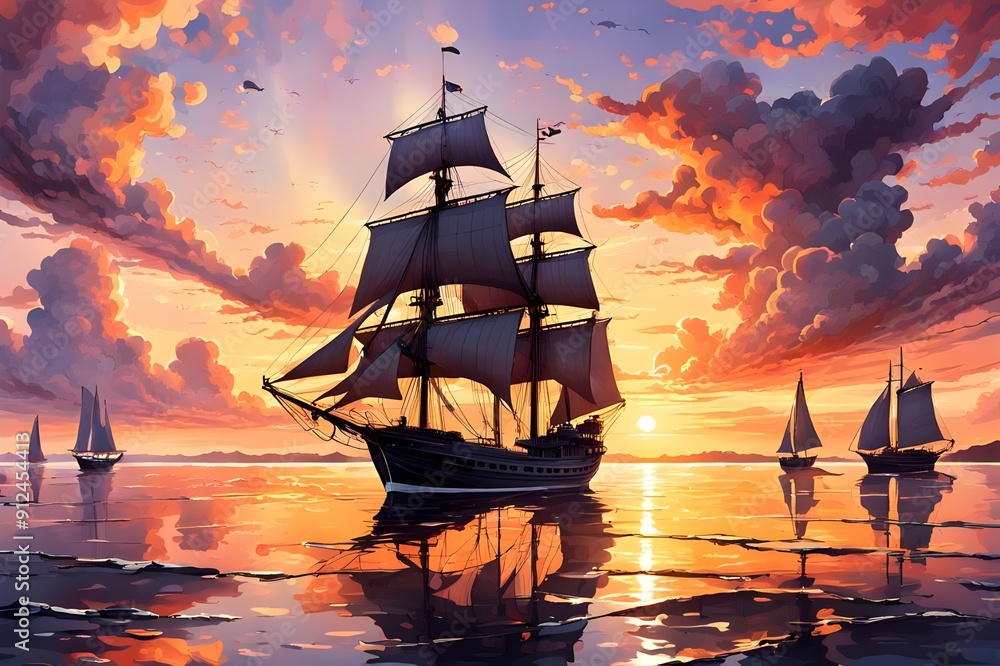 Fototapeta premium sailing ship in the sunset