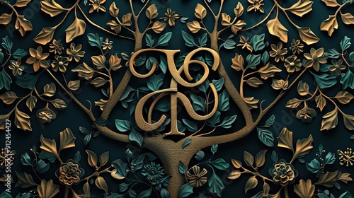 logo with the letters '' and ''. Surrounded by a pattern with a tree theme photo