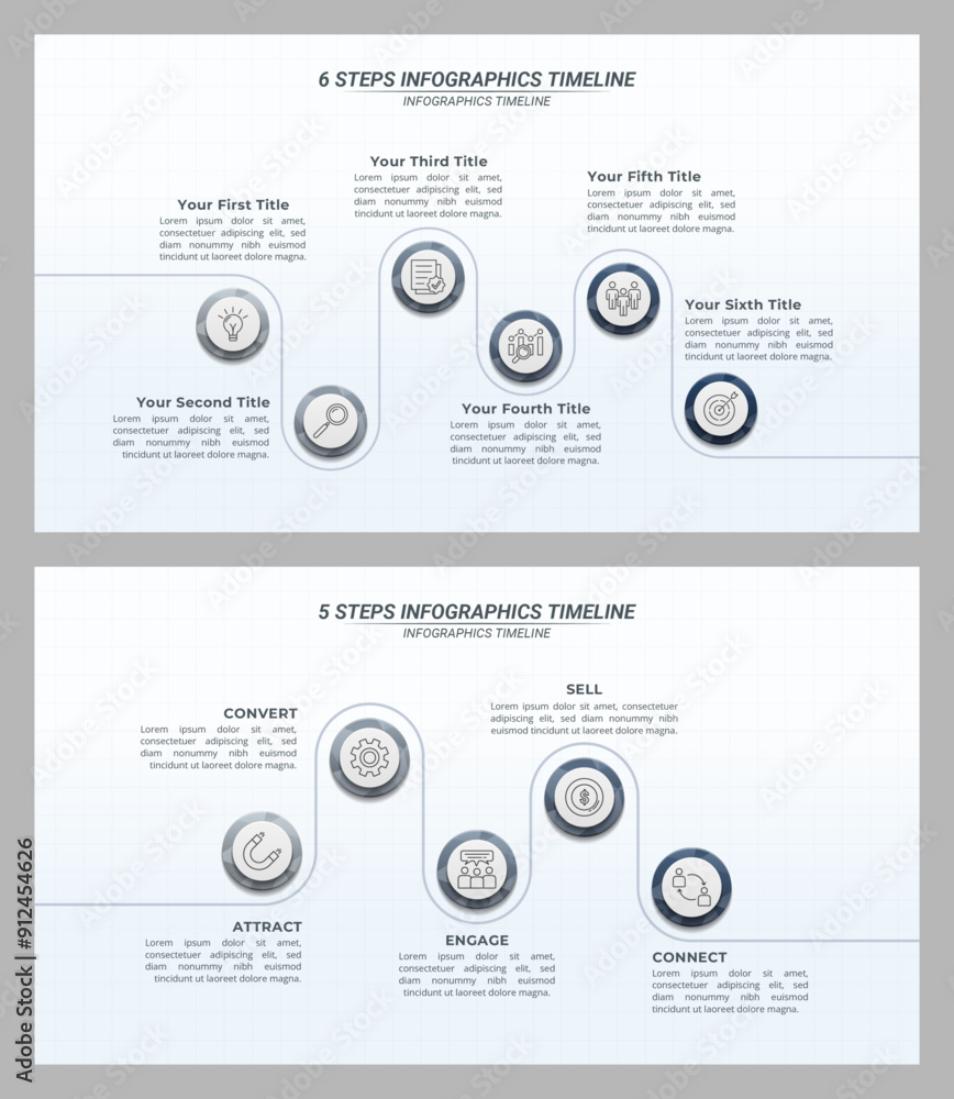 5 and 6 Steps Infographic Timeline with Editable Text on a 16:9 Layout for Business Presentations, Management, and Evaluation. 5 and 6 Steps Infographic Timeline with Editable Text on a 16:9 Layout for Business Presentations, Management, and Evaluation.