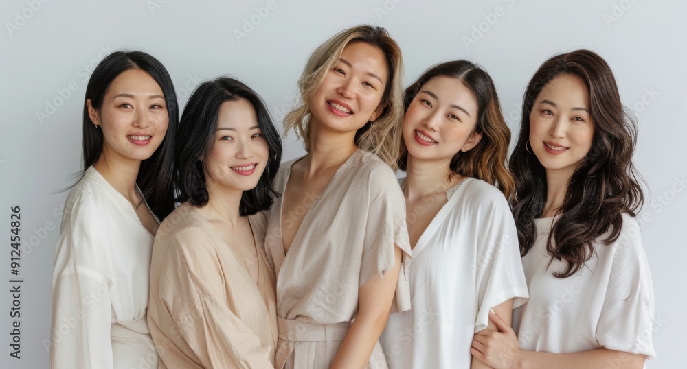 5 Asian women in their thirties, smiling and posing for the camera with a white background, wearing light-colored . 5 Asian women in their thirties, smiling and posing for the camera with a white background, wearing light-colored .