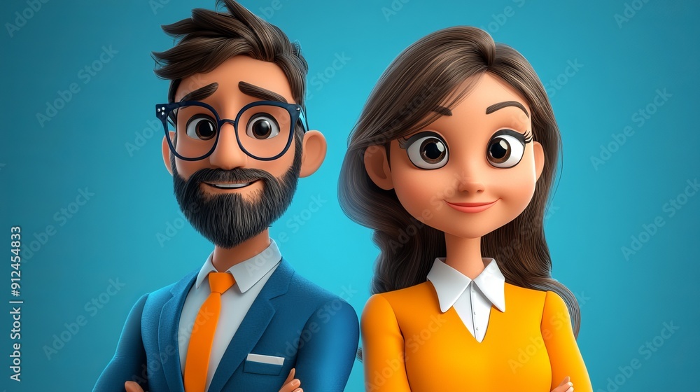 Friendly Animated Characters in Bright Outfits Against Blue Background Friendly Animated Characters in Bright Outfits Against Blue Background
