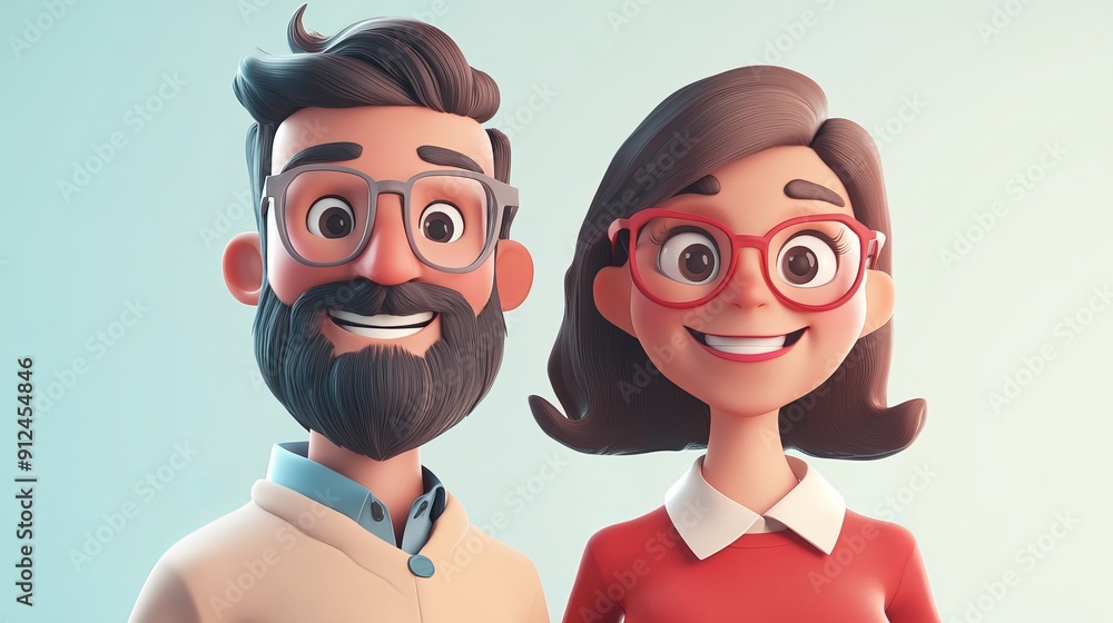 Fototapeta premium Cheerful Cartoon Couple Smiling Against a Light Background