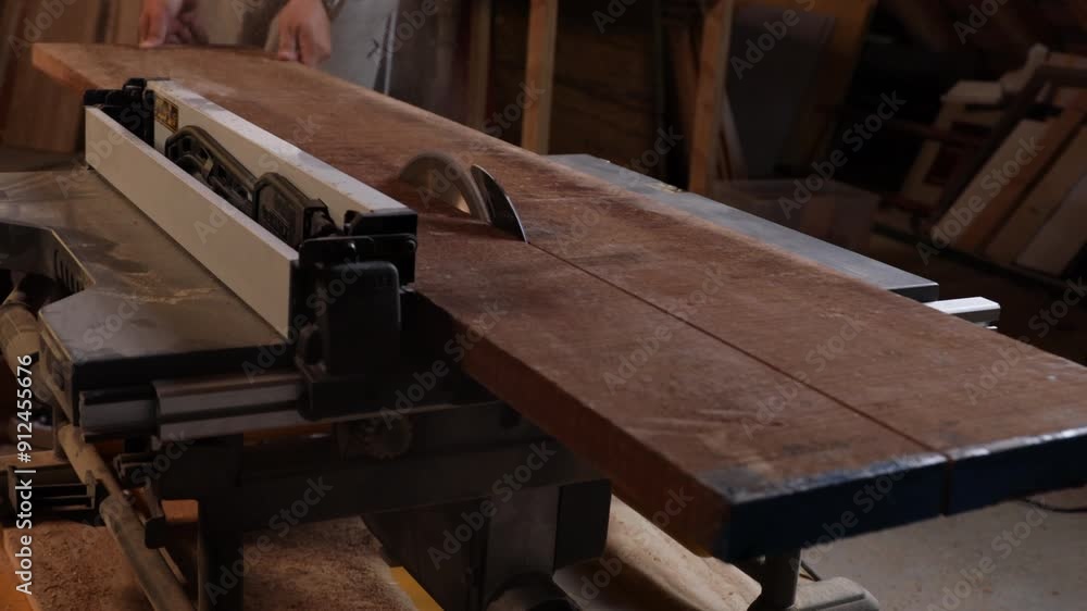 man sawing wood on a circular saw close-up man sawing wood on a circular saw close-up