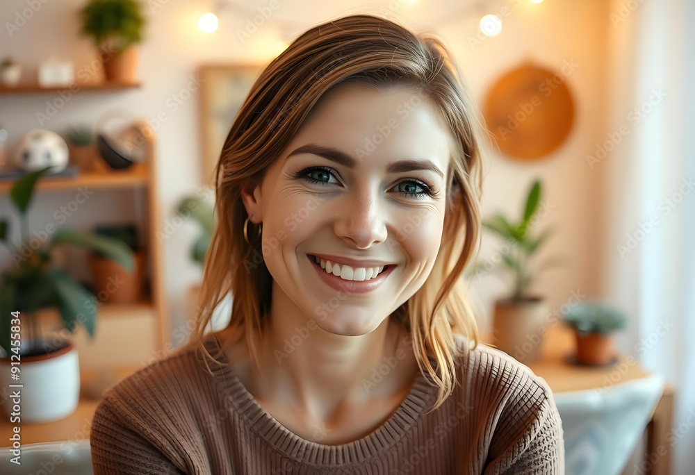 A smiling woman posing for a photo in a stylish living room. The scene showcases her joyful expression and a cozy interior, ideal for portraits and home photography. A smiling woman posing for a photo in a stylish living room. The scene showcases her joyful expression and a cozy interior, ideal for portraits and home photography.