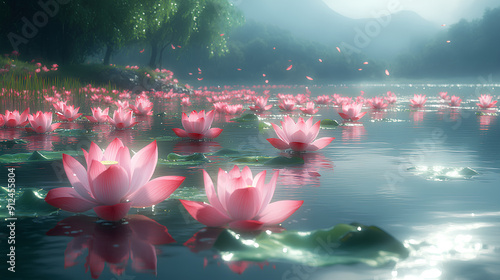 lake view with lotus flowers