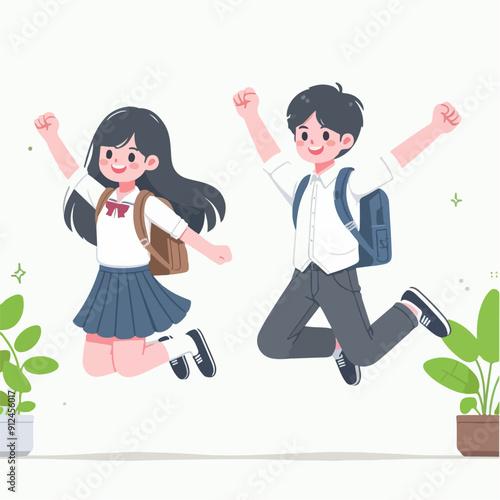 Children jumping, happy cute little cartoon kids. Excited children having fun together vector illustration