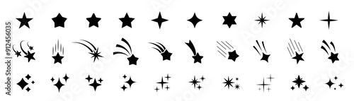 Stars icon collection. Different star shapes. Black stars icon set.  Sparkle star icon set. Falling stars . Vector illustration