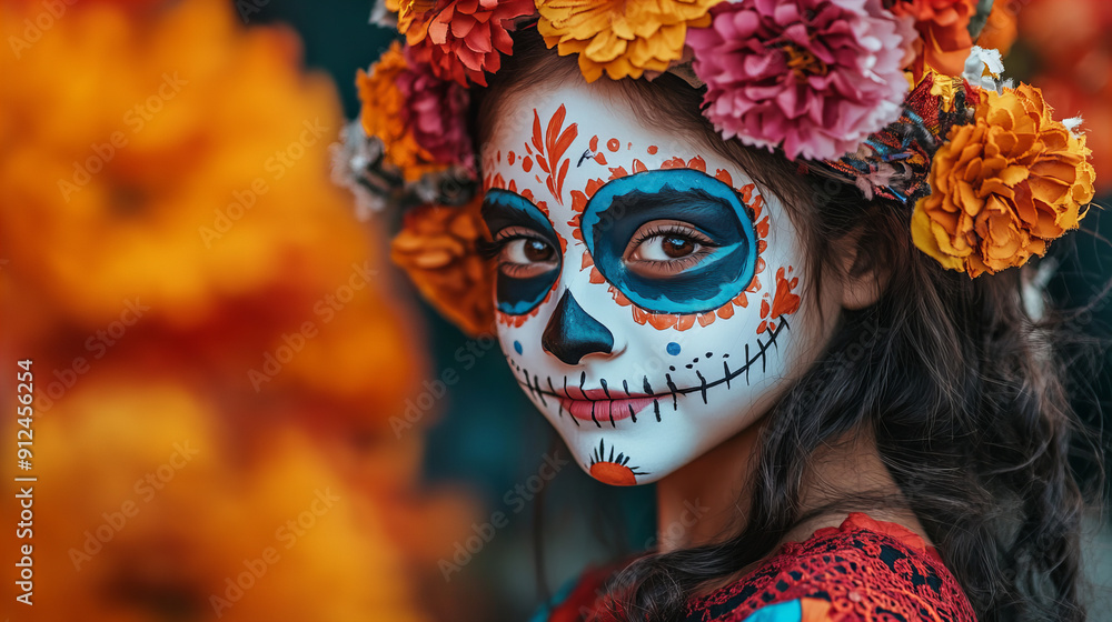 Portrait of the Mexican girl wearing carnival mask of the day of the dead for Mexican festival as Day of the Dead. Portrait of the Mexican girl wearing carnival mask of the day of the dead for Mexican festival as Day of the Dead.