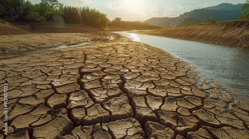 Dry riverbed depicting cracked earth and scant water, emphasizing drought and climate change effects photo