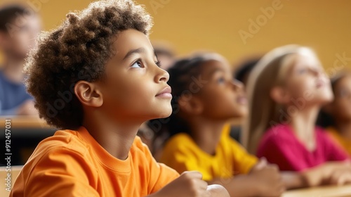 A group of students in a classroom, attentively listening to a motivational speaker, symbolizing learning and growth