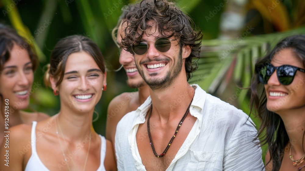 Group of friends enjoying a sunny day, smiling and wearing sunglasses, with greenery in the background. Group of friends enjoying a sunny day, smiling and wearing sunglasses, with greenery in the background.