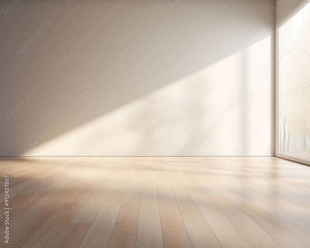 Bright and airy interior space with wooden floor and soft light casting gentle shadows on the wall. Bright and airy interior space with wooden floor and soft light casting gentle shadows on the wall.